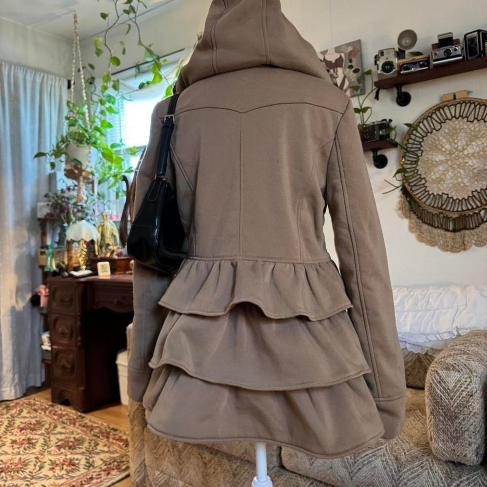 Yoki Camel Tan Ruffle Back Peacoat Leopard Faux Fur Hood Double Breasted Coat L - Picture 8 of 8